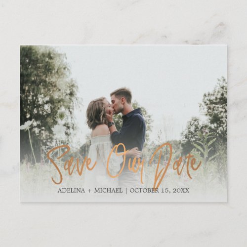 Gold copper typography wedding photo save the date announcement postcard