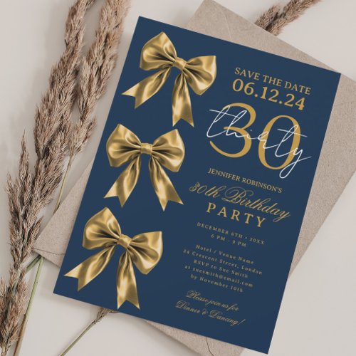 Gold Coquette Bow Save Date 30th Birthday Navy Invitation