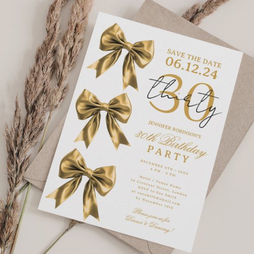 Gold Coquette Bow Save Date 30th Birthday Party Invitation