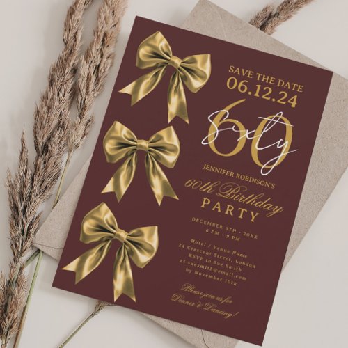 Gold Coquette Bow Save Date 60th Birthday Burgundy Invitation