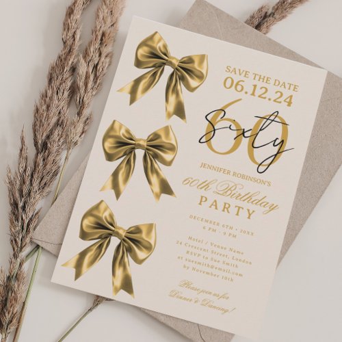 Gold Coquette Bow Save Date 60th Birthday Party Invitation