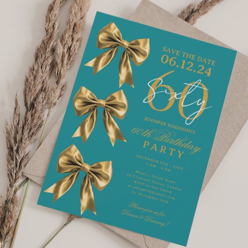 Gold Coquette Bow Save Date 60th Birthday Teal Invitation