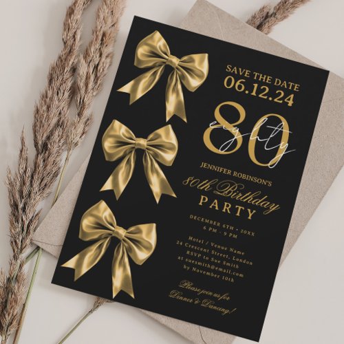 Gold Coquette Bow Save Date 80th Birthday Black Invitation