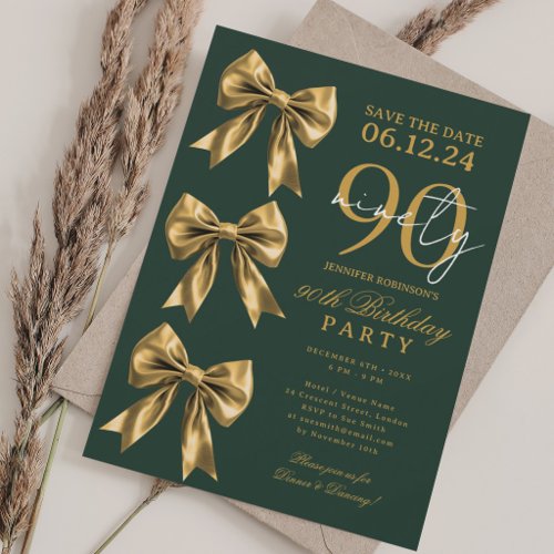 Gold Coquette Bow Save Date 90th Birthday Green Invitation