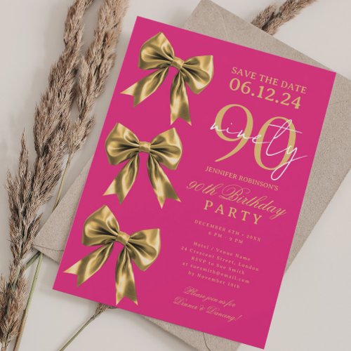 Gold Coquette Bow Save Date 90th Birthday Hot Pink Invitation