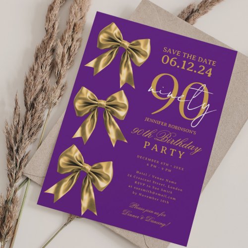 Gold Coquette Bow Save Date 90th Birthday Purple  Invitation