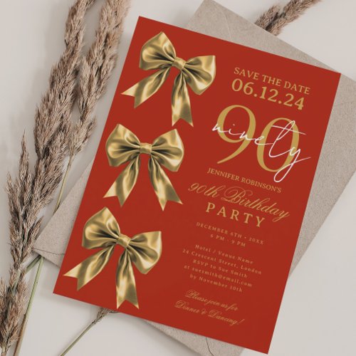 Gold Coquette Bow Save Date 90th Birthday Red  Invitation
