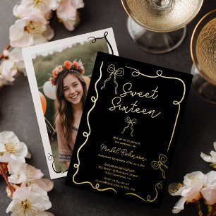 Gold Coquette bows ribbons illustrations Sweet 16 Foil Invitation