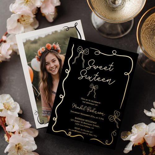 Gold Coquette bows ribbons illustrations Sweet 16