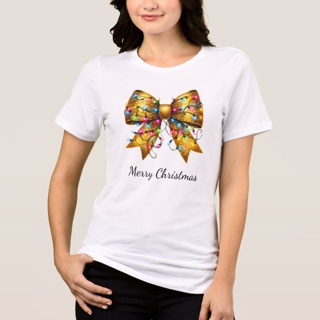 Gold Coquette Christmas Lights Bow Tri-Blend Shirt (Front)