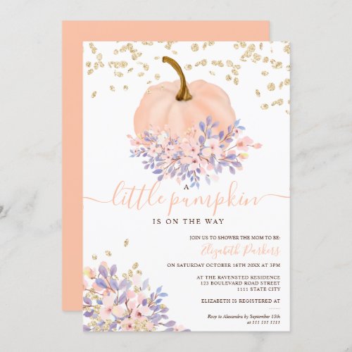 gold coral floral pumpkin watercolor baby shower invitation