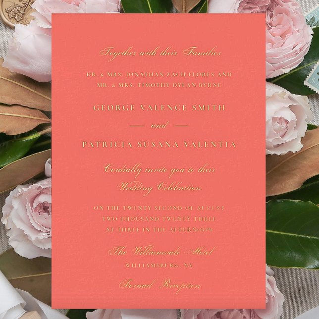 Gold Coral Formal Calligraphy Elegant Wedding Foil Invitation (Creator Uploaded)