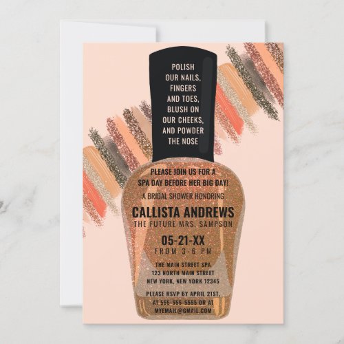 Gold Coral Glitter Nail Polish Spa Bridal Shower Invitation