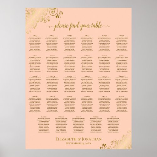 Gold & Coral Peach 29 Table Wedding Seating Chart