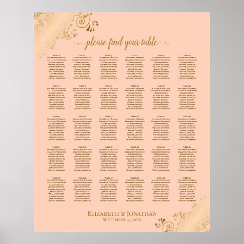 Gold  Coral Peach 30 Table Wedding Seating Chart