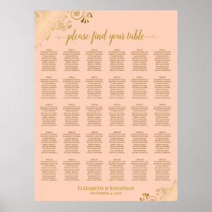 Gold & Coral Peach 30 Table Wedding Seating Chart