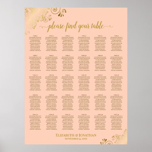 Gold & Coral Peach 30 Table Wedding Seating Chart