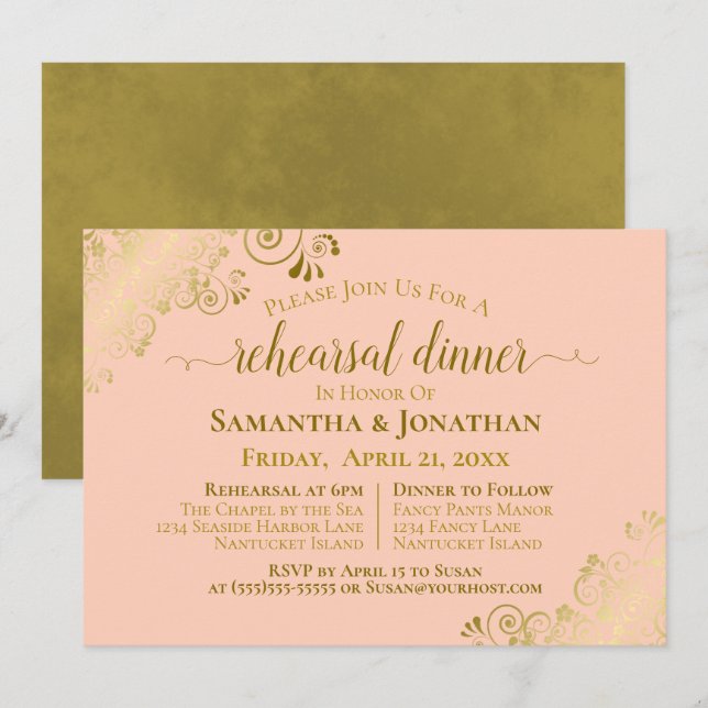 Gold & Coral Peach Wedding Rehearsal & Dinner Invitation (Front/Back)