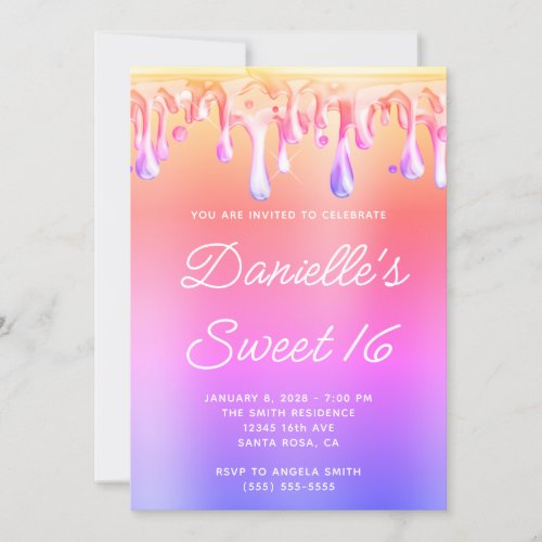 Gold Coral Pink Periwinkle Liquid Drip Sweet 16 Invitation