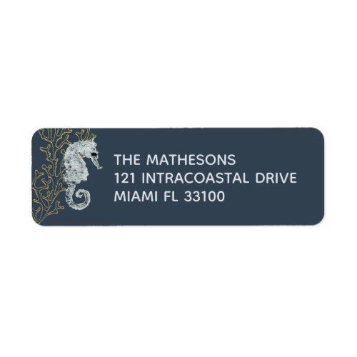 Gold Coral  Watercolor Seahorse Navy Blue Coastal Label