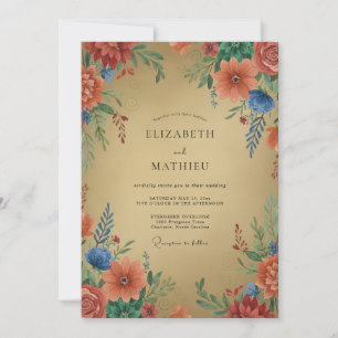 Gold Coral Wildflower Wedding Invitation