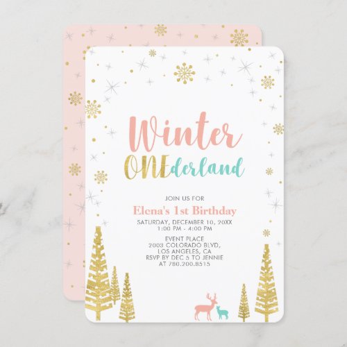Gold  Coral Winter onederland 1st birthday party Invitation