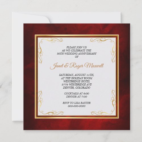 Gold Corner Frame Red 50th Wedding Anniversary Invitation