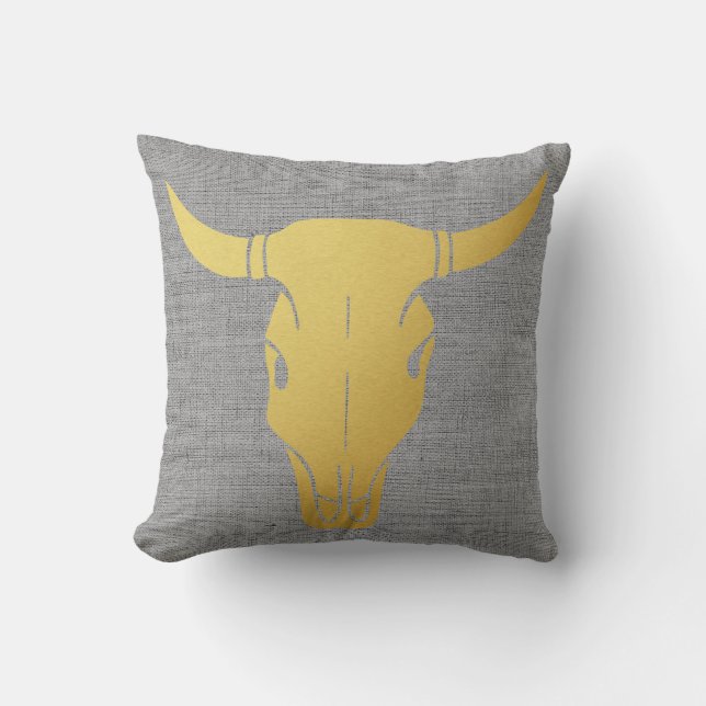 Gold Cow Skull Throw Pillow (Front)