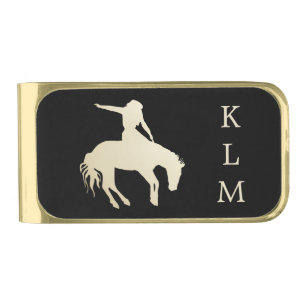Gold Cowboy Bucking Horse Monogram Gold Finish Money Clip