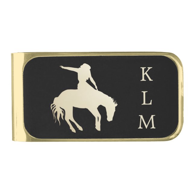 Gold Cowboy Bucking Horse Monogram Gold Finish Money Clip (Front)