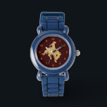 Gold Cowboy Bucking Horse Watch<br><div class="desc">This watch features what everyone knows about Wyoming. Horses buck and cowboys ride 'em! It features a gold cowboy and bucking horse silhouette image on a dark brown background. *This design uses image © Graphics Factory.com*</div>