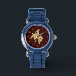 Gold Cowboy Bucking Horse Watch<br><div class="desc">This watch features what everyone knows about Wyoming. Horses buck and cowboys ride 'em! It features a gold cowboy and bucking horse silhouette image on a dark brown background. *This design uses image © Graphics Factory.com*</div>