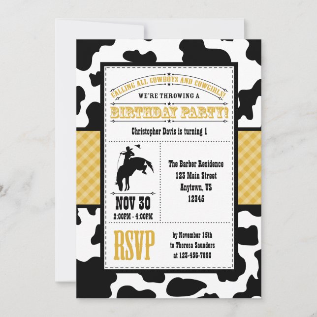 Gold Cowhide Cowboy Birthday Invitation (Front)