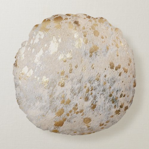 Gold Cowhide Print Metallic Minimal Western Round Pillow