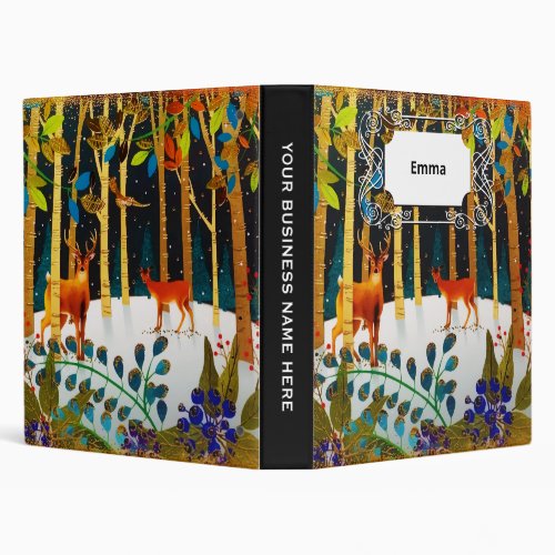 Gold Cozy Winter Deer Forest Watercolor  3 Ring Binder