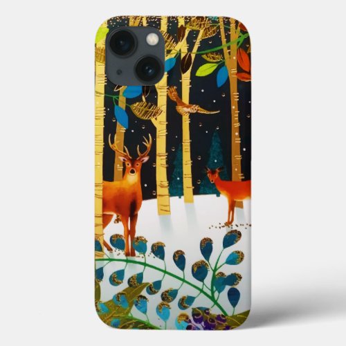 Gold Cozy Winter Deer Forest Watercolor  iPhone 13 Case