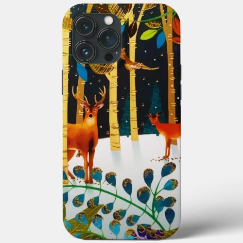 Gold Cozy Winter Deer Forest Watercolor  iPhone 13 Pro Max Case