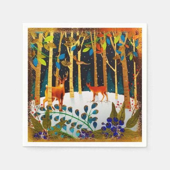Gold Cozy Winter Deer Forest Watercolor  Napkins (Front)