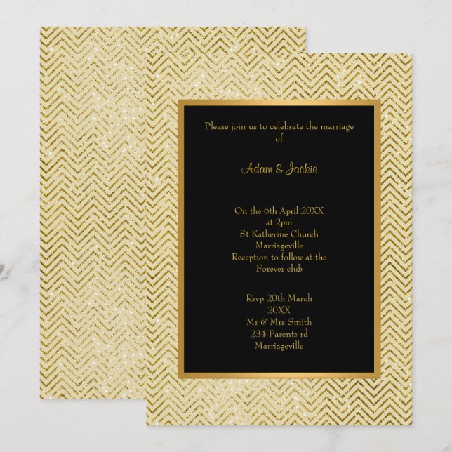 GOLD CREAM BLACK CHEVRON WEDDING INVITATION (Front/Back)