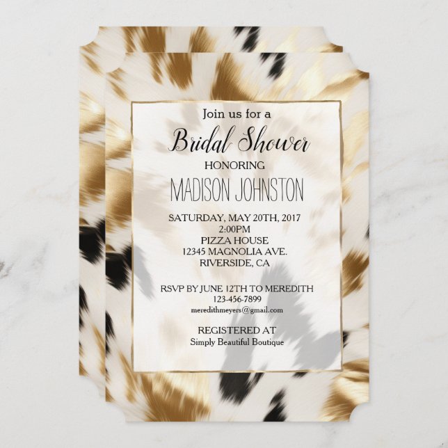 Gold Cream Black Western Cowhide  Invitation (Front/Back)