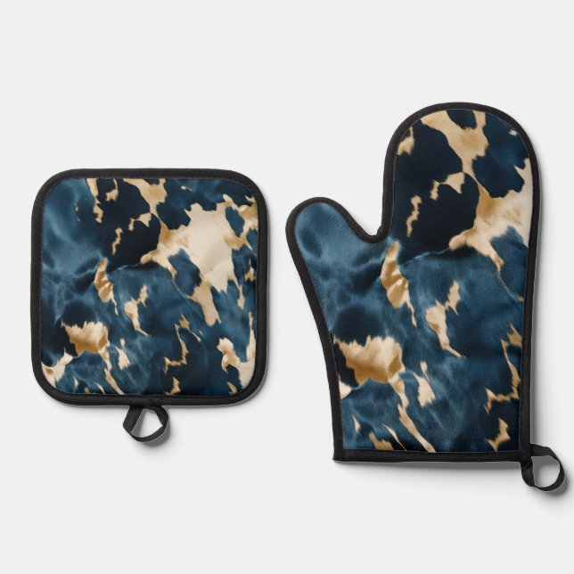 Gold Cream Blue Cowhide Oven Mitt & Pot Holder Set (Front)