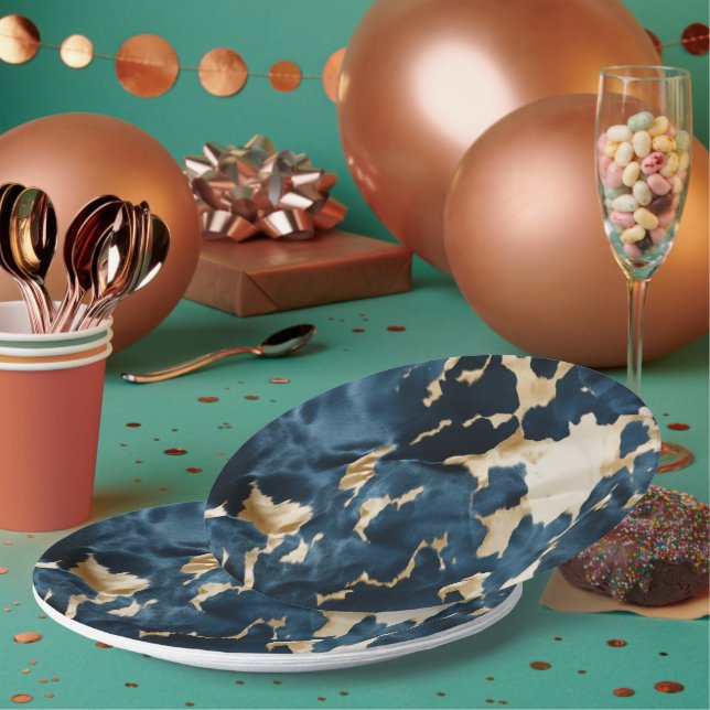 Gold Cream Blue Cowhide Paper Plates (Multi)