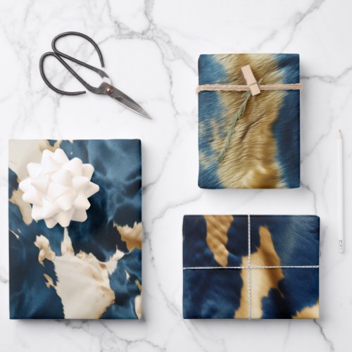 Gold Cream Blue Cowhide Wrapping Paper Sheets