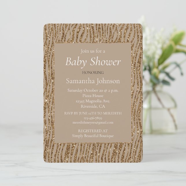 Gold Cream Brown Glitter Zebra Print Baby Shower   Invitation (Standing Front)