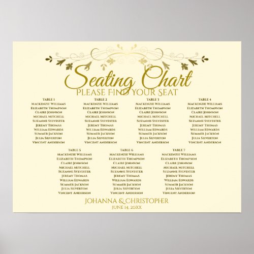 Gold  Cream Elegant 7 Table Wedding Seating Chart