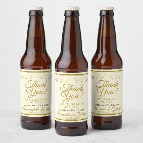 Gold  Cream Elegant Wedding Thank You Beer Bottle Label