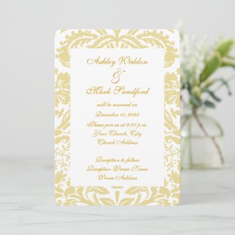 Gold Cream Floral Damask Wedding Invitation | Zazzle