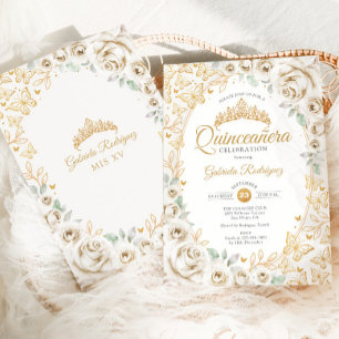 Gold Cream Floral Quinceanera Invitation