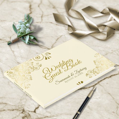 Gold  Cream Frilly Filigree Elegant Wedding Guest Book