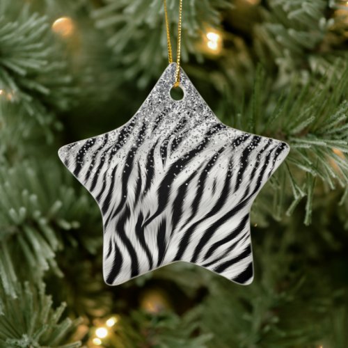 Gold Cream Glitzy Glitter Zebra Print Ceramic Ornament